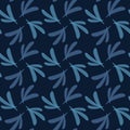 Dark classic blue simple swirl leaf grid vector texture seamless pattern. Variegated soft blended geo dyed background