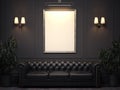 Dark classic interior with sofa and picture frame on wall. 3d rendering
