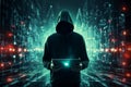 Dark clothed hacker confronts digital matrix, personifying social network malevolence