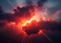 Dark clouds dominate the sky, illuminated from within by a vivid red and orange glow, resembling a Royalty Free Stock Photo