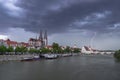 Dark clouds with flash of lightning above Regensburg, Germany