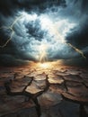 Dark clouds gather ominously above a parched desert terrain, illuminated by brilliant flashes of lightning that signal