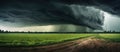 Dark clouds loom over a grassy field with a dirt road in the foreground Royalty Free Stock Photo