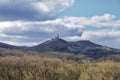 Dark clouds over the field and trees. Sky and field in the spring.Podhradie castle in Slovakia in the spring Royalty Free Stock Photo