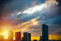 Dark clouds over Miami`s skyscrapers at sunset Royalty Free Stock Photo