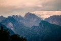 Dark clouds and rain over mountains in Dolomites, Italy Royalty Free Stock Photo