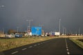 Dark clouds of thunderstorm above the village of Zevenhuizen and regional road N219. Royalty Free Stock Photo