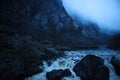 Dark and cloudy Norwegian morning. Rain in Norway. Fog in the mountains. Languid mountains. Stones. Boulder. Rock. Waterfalls in t