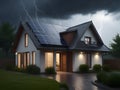 Dark cloudy sky with lightning over a house with solar panels. Royalty Free Stock Photo