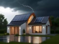 Dark cloudy sky with lightning over a house with solar panels. Royalty Free Stock Photo