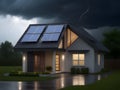 Dark cloudy sky with lightning over a house with solar panels. Royalty Free Stock Photo