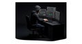 Dark Code: Programmer at Work with Multiple Screens in Low-Light Environment Royalty Free Stock Photo