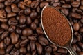 Dark coffee beans on the kitchen table. Ground coffee placed on a silver tob Royalty Free Stock Photo