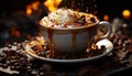 Dark coffee drink, heat temperature, chocolate food freshness, gourmet dessert generated by AI