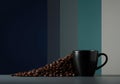 Dark Coffee Mug with Spilled Roasted Coffee Beans on a Gradient Background Royalty Free Stock Photo