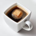 Dark Coffee in a Square White Cup with Dissolving Sugar Cube Royalty Free Stock Photo