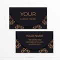 Dark color business card template with abstract patterns. Print-ready business card design with monogram ornament.