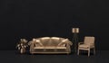 Dark color wall and floor room with golden metalic style furnitures and room accessories. Dark background with copy space. 3D