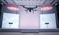 Drone flying on stage with illuminated panels and lights Royalty Free Stock Photo