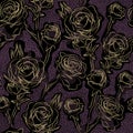 Dark colored floral pattern. Golden contours of rose flowers on spotted purple and black background. Royalty Free Stock Photo