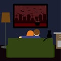 Dark colored illustration in flat style with couple and black cat watching the scary film on television sitting on couch in room