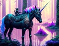 Small imaginary creatue rides on a unicorn in a forest, AI art