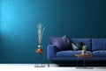 Dark colorful home decor with blue furniture, modern interior style living room, empty wall mock up. 3d render. Template Royalty Free Stock Photo