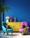Dark colorful home interior with retro furniture, Mexican style living room Royalty Free Stock Photo