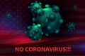 Dark composition with silhouettes of the flag of America of the elements of the coronavirus green shade. Prevention of