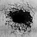 Dark concrete cracked hole. Explosion destruction of wall Royalty Free Stock Photo