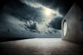 Dark concrete floor and dramatic sky with clouds and sun Royalty Free Stock Photo