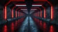 Dark concrete tunnel with red led neon light, abstract underground garage background. Theme of futuristic corridor, warehouse, Royalty Free Stock Photo