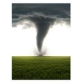 A dark, conical tornado extends from thick storm clouds to the ground, contrasting Royalty Free Stock Photo