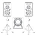 Dark contour loudspeakers on stands and subwoofer technical illustration