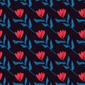 Dark contrast seamless botanic flower pattern. Red tulips with blue stems on black background