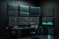 Dark control room with many screens as a trading setup with charts on the screens. tock exchange trading screens, professional