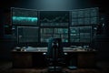 Dark control room with many screens as a trading setup with charts on the screens. tock exchange trading screens, professional