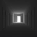 Dark corridor with closed doors and open the door at the end. 3d illustration.