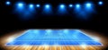 A dark corridor hallway room is illustrated in a 3D rendering, complete with a grunge stage podium, glossy concrete, and