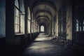 Dark corridor with old windows in abandoned building. 3d rendering, Old empty corridor. Vintage abandoned building with window, AI Royalty Free Stock Photo