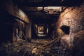 Dark corridor in ruined abandoned brick factory interior, creepy way to freedom and horror concept Royalty Free Stock Photo