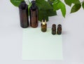 Dark cosmetic bottles and green natural leaves on a light background. Green empty card, sheet for writing. Layoutfor adding