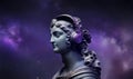 Dark cosmos background with Marble head statue of an ancient Greek god athena with headphones. Generative AI