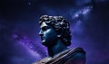 Dark cosmos galaxy background with head statue of greek god apollo. Generative AI
