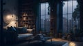 A dark cozy interior background for a loftstyle living room with a light and windows Royalty Free Stock Photo