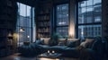 A dark cozy interior living room at a romantic evening illustration Royalty Free Stock Photo
