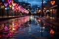 A dark cozy wet city street with vibrant and colorful big heart decorations and couples walking. Valentine time. Love