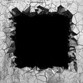 Dark cracked broken hole in concrete wall. Grunge background