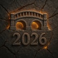 Stone Carving of Bridge and Year 2026 with Glowing Cracks Royalty Free Stock Photo