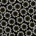 Dark with cream, yellow whimsical flowers seamless pattern background design.